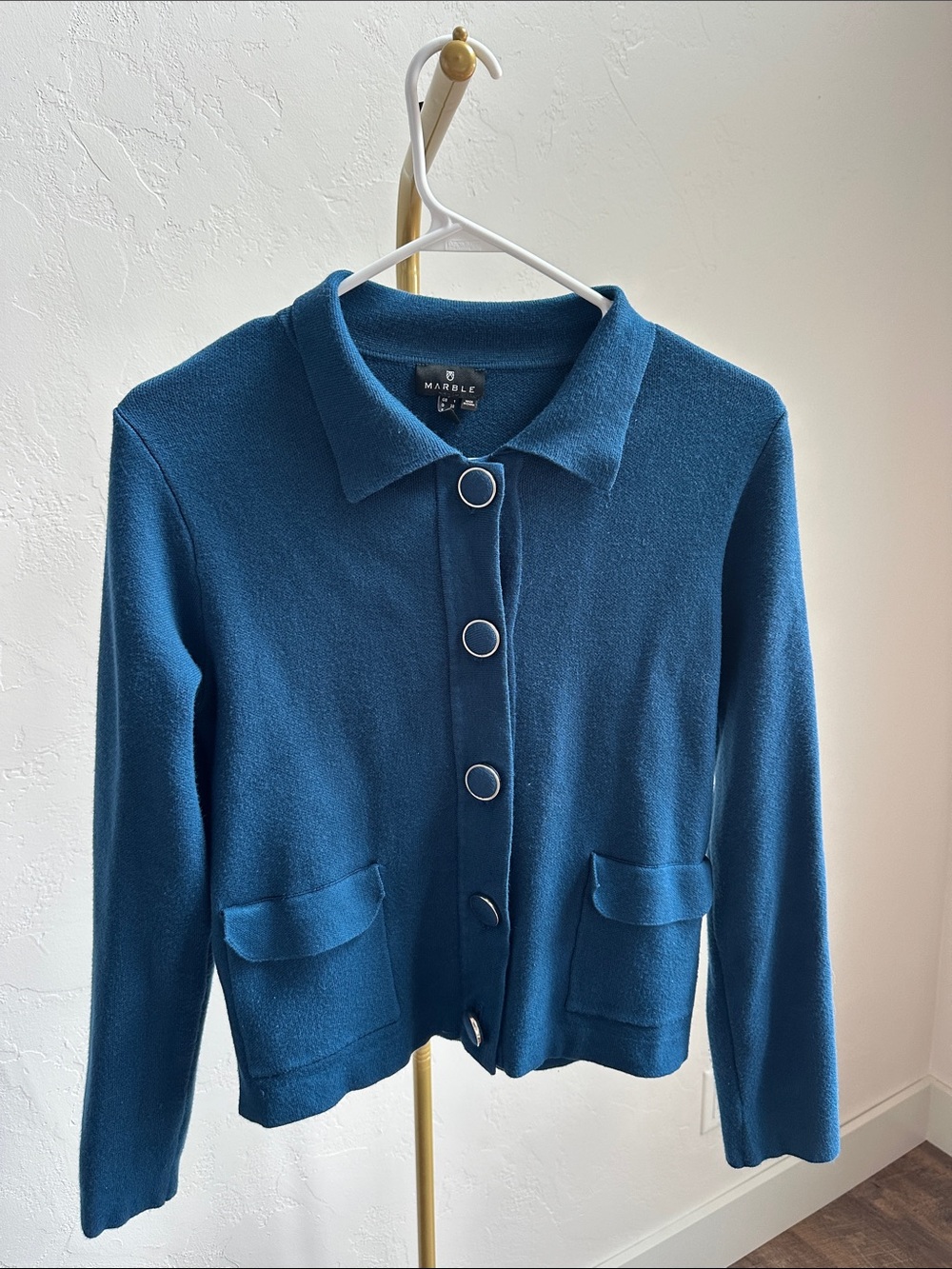 MARBLE Blue Teal Ring-Button Knit Sweater
